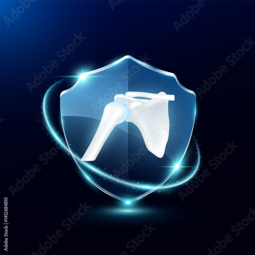 Shoulder in translucent glass shield modern. Surrounded by glowing ring safety guardian. Human anatomy organ on blue background. Medical health care immunity and protection concept. Vector EPS10.