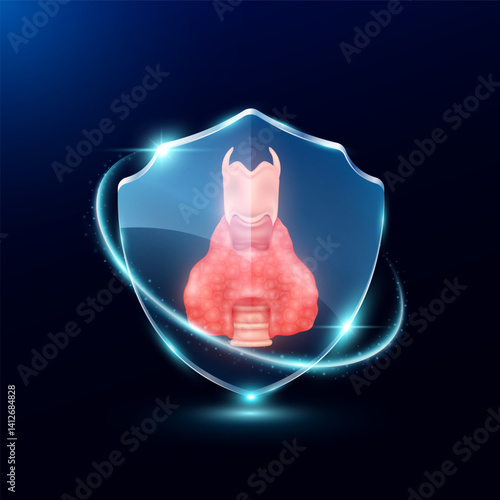 Thyroid gland in translucent glass shield modern. Surrounded by glowing ring safety guardian. Human anatomy organ on blue background. Medical health care immunity and protection concept. Vector EPS10.
