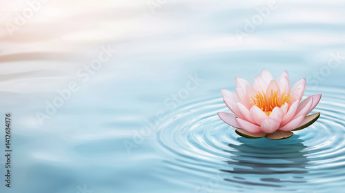 serene pink lotus flower floats on calm water, creating gentle ripples in soft gradient background