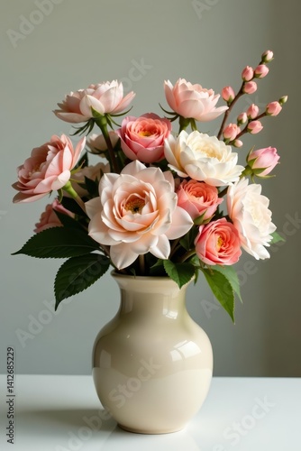 Wallpaper Mural Close up of a charming vintage-inspired floral display in a beige vase, display, cottage Torontodigital.ca