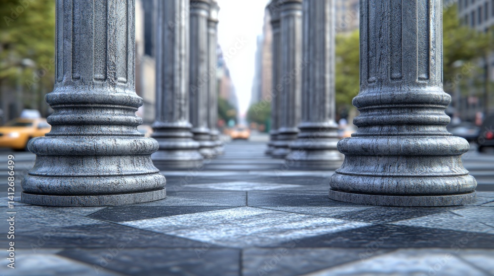 A city street at dusk features tall columns and heavy traffic A city street at dusk features tall columns and heavy traffic