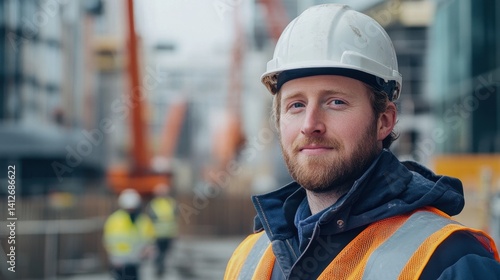 This portrait features a young European male construction worker, wearing a helmet and safety vest, confidently posing in an urban construction environment.
