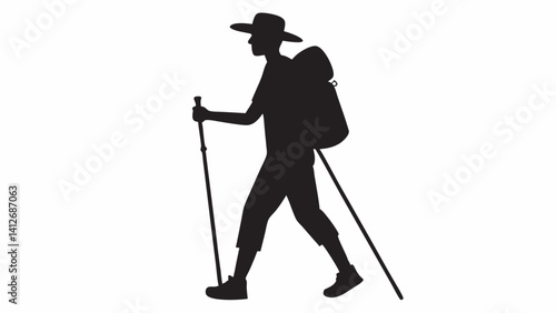Vector silhouette of a hiker standing on a peak looking into the distance, one foot on a rock, confident and proud posture, black silhouette on white background, adventurous and inspirational style