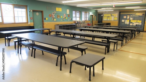 Elementary School Cafeteria Tables and Benches Arrangement