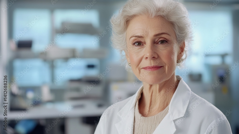 Fototapeta premium A senior female doctor stands confidently in a modern laboratory, showcasing her expertise and dedication to healthcare. The warm atmosphere highlights her professionalism and caring nature.
