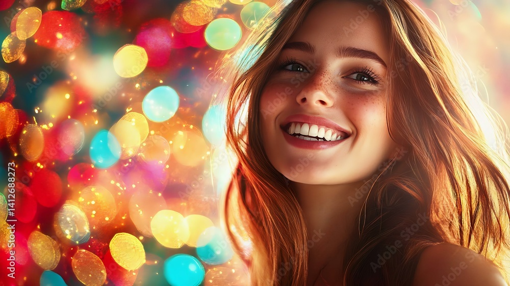 Cheerful young woman smiling against a colorful bokeh background, radiating positive vibes and happiness. Perfect for celebrations and joy. Cheerful young woman smiling against a colorful bokeh background, radiating positive vibes and happiness. Perfect for celebrations and joy.
