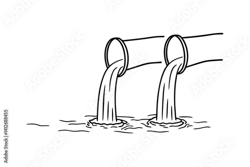 Two Pipes Discharging Liquid Waste Into Water Source Black And White Illustration