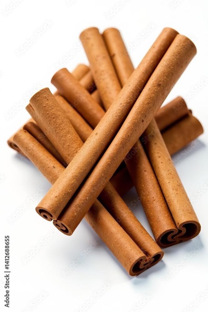 Close-up of aromatic cinnamon sticks on white background, top view, flavor, ingredient Close-up of aromatic cinnamon sticks on white background, top view, flavor, ingredient
