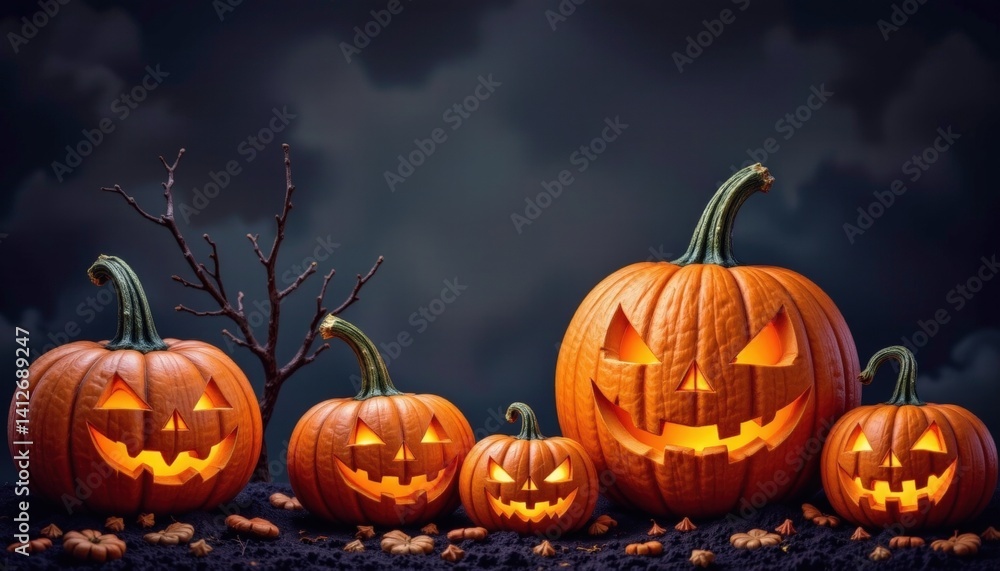Group of carved Halloween pumpkins with glowing faces and twisted stems on dark cloudy night with barren tree and fallen leaves for spooky festive celebration Group of carved Halloween pumpkins with glowing faces and twisted stems on dark cloudy night with barren tree and fallen leaves for spooky festive celebration
