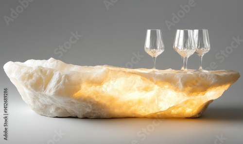 Illuminated onyx coffee table with wine glasses, studio backdrop, home decor