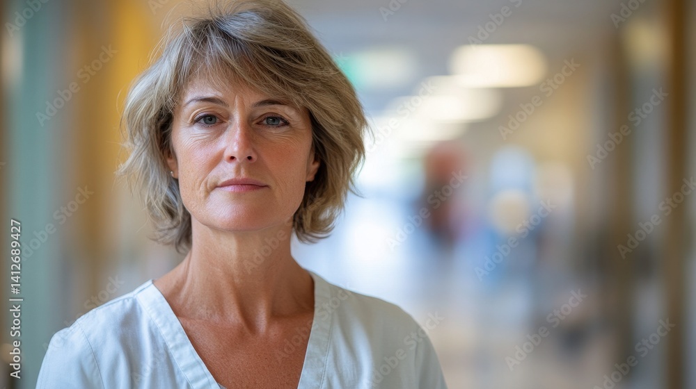 Fototapeta premium A portrait of a middle-aged European nurse standing confidently in a hospital setting, showcasing a professional and caring demeanor in her healthcare role.