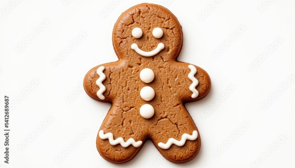 Cute gingerbread man cookie with smiling face decorated with white icing on a plain white background perfect for holiday treats and festive desserts Cute gingerbread man cookie with smiling face decorated with white icing on a plain white background perfect for holiday treats and festive desserts
