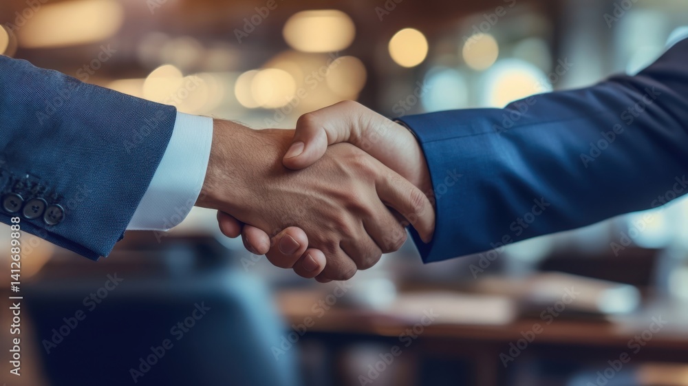 Business partners shake hands to finalize a deal in a modern office during a sunny day Business partners shake hands to finalize a deal in a modern office during a sunny day