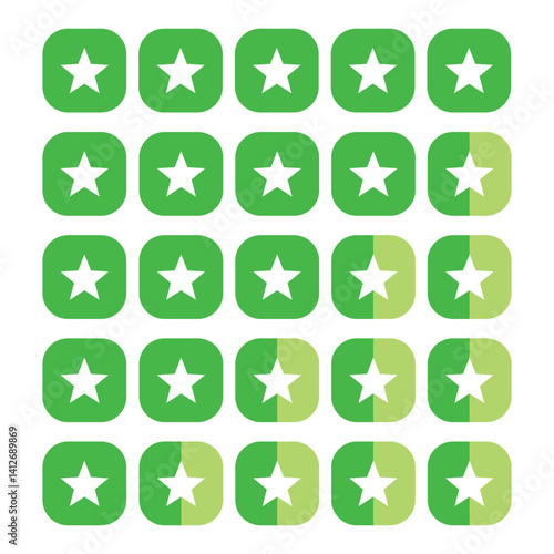 Green product review stars business element icons. feedback, and ratings. set of five green stars for customer reviews, use for apps and websites.