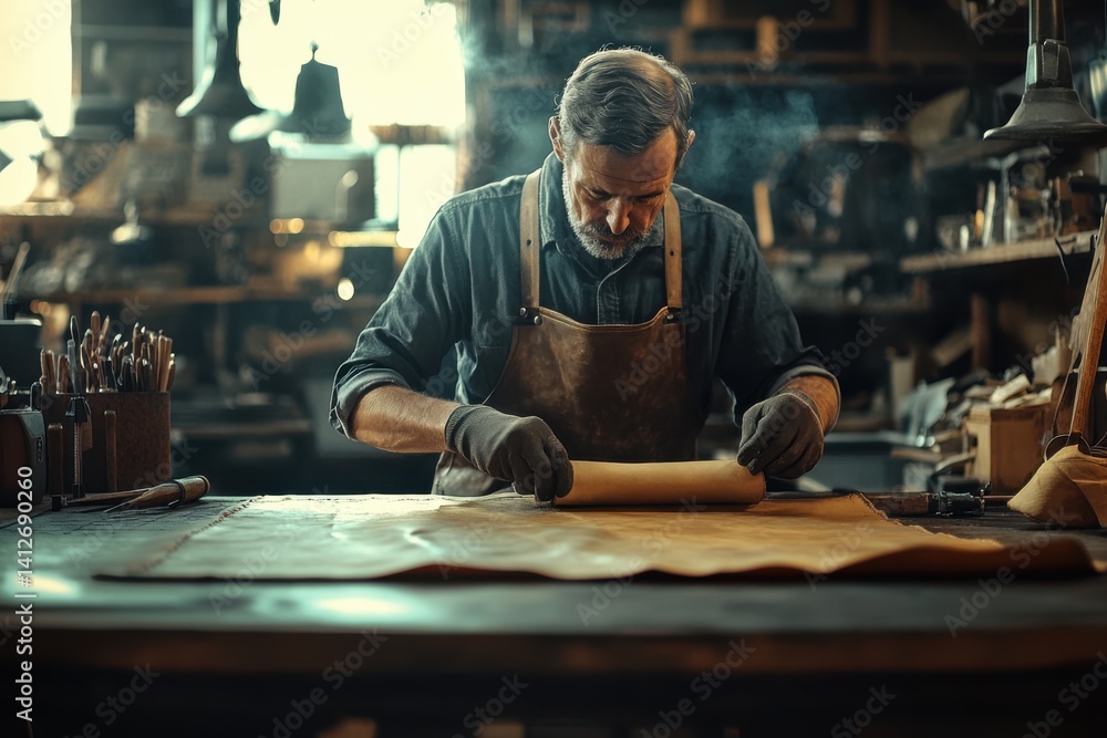 Leather Craftsman in Apron Working in Rustic Studio Leather Craftsman in Apron Working in Rustic Studio