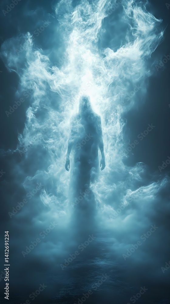 A mysterious figure emerges from ethereal blue smoke, creating an otherworldly atmosphere. Ideal for fantasy and horror themes. A mysterious figure emerges from ethereal blue smoke, creating an otherworldly atmosphere. Ideal for fantasy and horror themes.