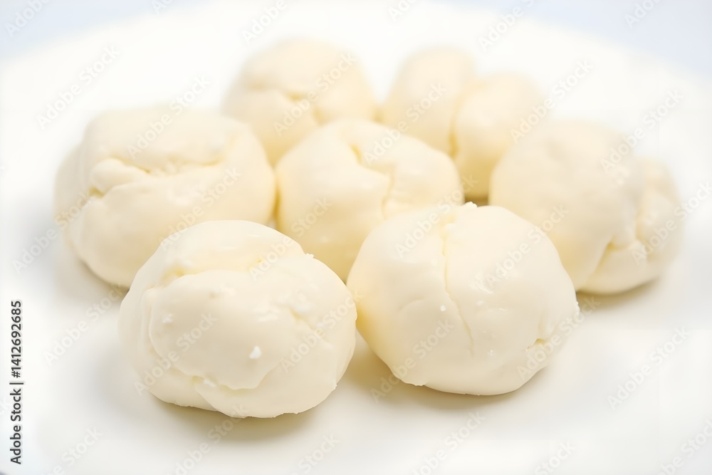 Soft Mozzarella Balls Arranged on a White Surface Soft Mozzarella Balls Arranged on a White Surface