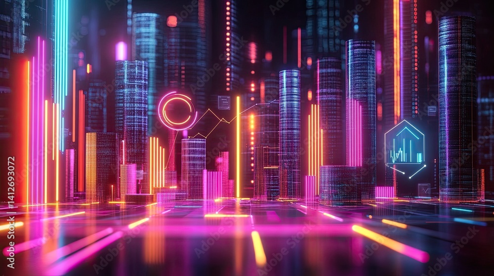 Digital business growth concept with 3D graphs, tech icons, and glowing data lines, illustrating global market analytics Digital business growth concept with 3D graphs, tech icons, and glowing data lines, illustrating global market analytics