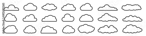 Clouds icon set isolated on transparent. A set of clouds illustration in the sky in black line silhouette