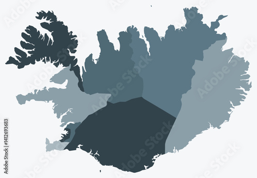Map of Iceland with regions. Just a simple country border map with region division. Blue grey color palette. Flat Iceland shape with administrative division. Vector illustration.