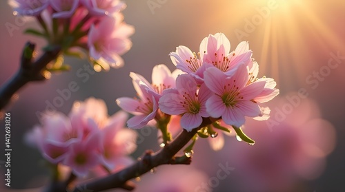 Beautiful Pink Cherry Blossoms Bathed in Golden Sunset Light