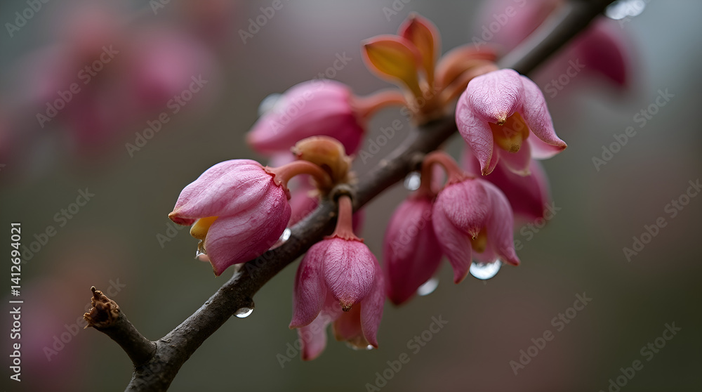 Fototapeta premium Macro Shot of Pink Blooms with Morning Dew on a Tree Branch