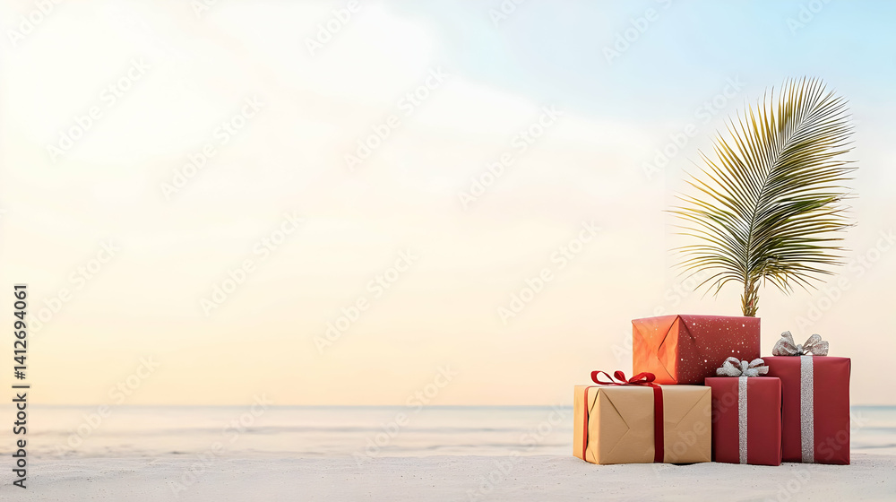 Obraz premium Stacked Gift Boxes On Beach At Sunrise