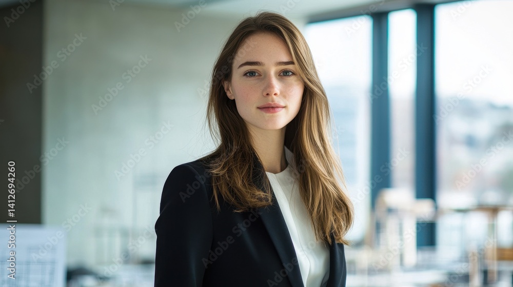 A confident young female architect poses gracefully in a modern office setting. The image captures her professional essence and creative spirit. A confident young female architect poses gracefully in a modern office setting. The image captures her professional essence and creative spirit.