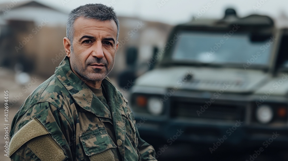 Fototapeta premium A portrait of a middle-aged man in army uniform, showcasing his serious demeanor and resilience. The backdrop features a military vehicle, emphasizing his bravery and dedication in tough environments.