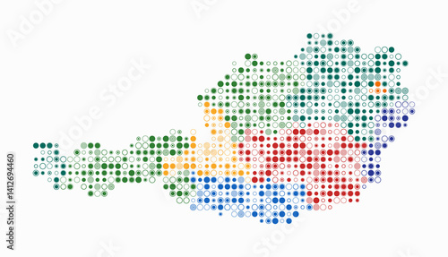 Austria, shape of the country built of colored cells. Digital style map of Austria on a white background. Small size circle blocks. Plain vector illustration.