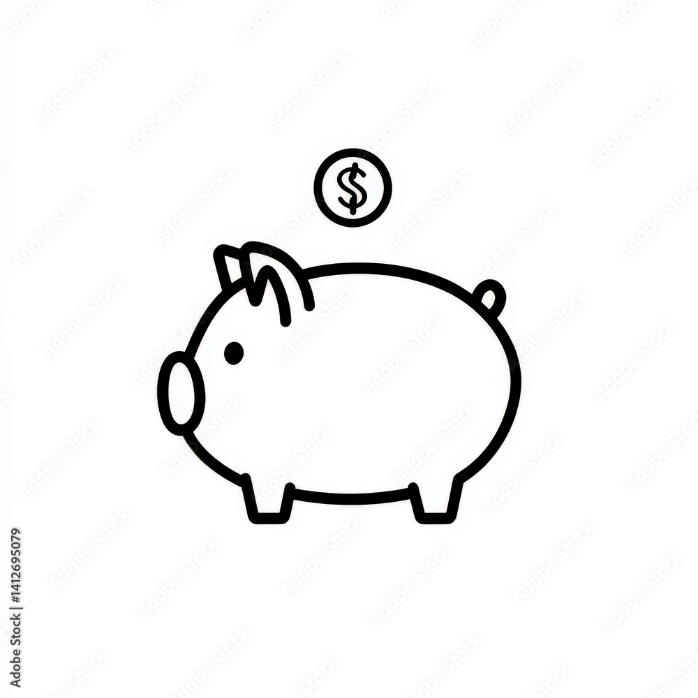 Obraz premium Piggy Bank with Dollar Coin, Black and White Outline