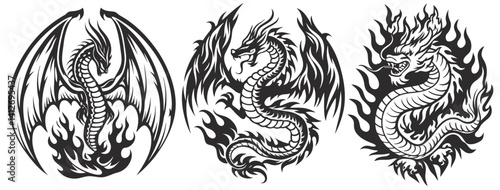 Set of powerful dragon emerging from flames in black and white. Old school tattoo style, bold design, mythical symbol, body art.