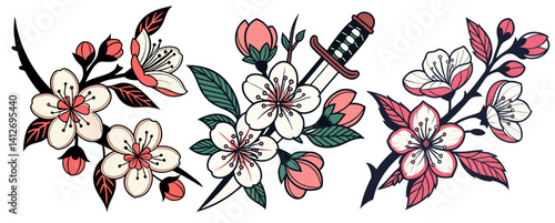 Set of stylized dagger piercing sakura flowers in bold lines and vibrant colors. Old school tattoo style, Japanese artistry, traditional design, striking symbolism.