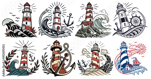Vintage nautical tattoo design set with striped lighthouse, ocean waves, laurel wreath, and maritime symbol. Old school tattoo style, classic maritime design, nautical elements.