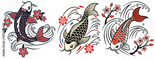 Red koi fish set jumping through ocean waves with bold outlines. Old school tattoo style, Japanese tradition, dynamic movement, classic fish symbol.