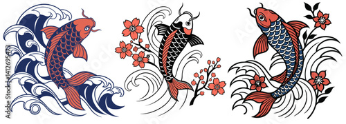 Red koi fish set jumping through ocean waves with bold outlines. Old school tattoo style, Japanese tradition, dynamic movement, classic fish symbol.