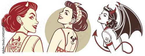 Vintage style portrait featuring woman set with devil horns, provocative devil tattoo. Radiating rebellious charm, sly confidence, old school tattoo style, bold design, classic tattoo aesthetics.
