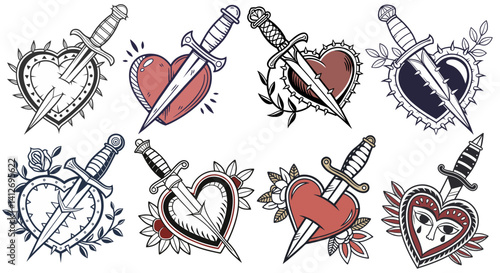 Traditional tattoo graphic set showing sharp dagger penetrating bleeding heart, decorated with vintage style botanical elements. Symbolizing passionate emotional intensity, classic ink artistry