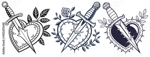Traditional tattoo graphic set showing sharp dagger penetrating bleeding heart, decorated with vintage style botanical elements. Symbolizing passionate emotional intensity, classic ink artistry