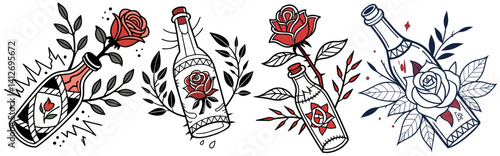 Set of red rose emerging from ornate vintage bottle, displaying intricate geometric patterns and bold floral details. Old school tattoo style, classic design, bold floral elements, vintage tattoo art.