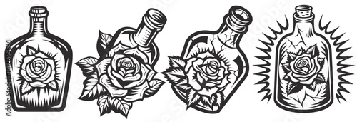 Set of vintage monochrome bottle holding blooming rose, traditional tattoo style with intricate botanical details and elegant linework. Classic design, detailed tattoo artwork, timeless symbolism.