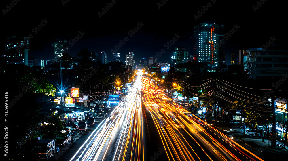 Fototapeta premium Night City Traffic Panorama With Blurred Lights