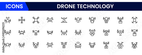 Drone Technology vector line icon set. Contains linear outline icons like Quadrocopter, Propeller, Remote Control, Radar, Camera, Battery, Delivery, Copter. 