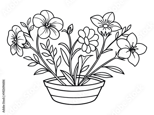 Flowers in heart shape on a pot line art design for coloring book for adults, tattoo, T-shirt graphic, cards
