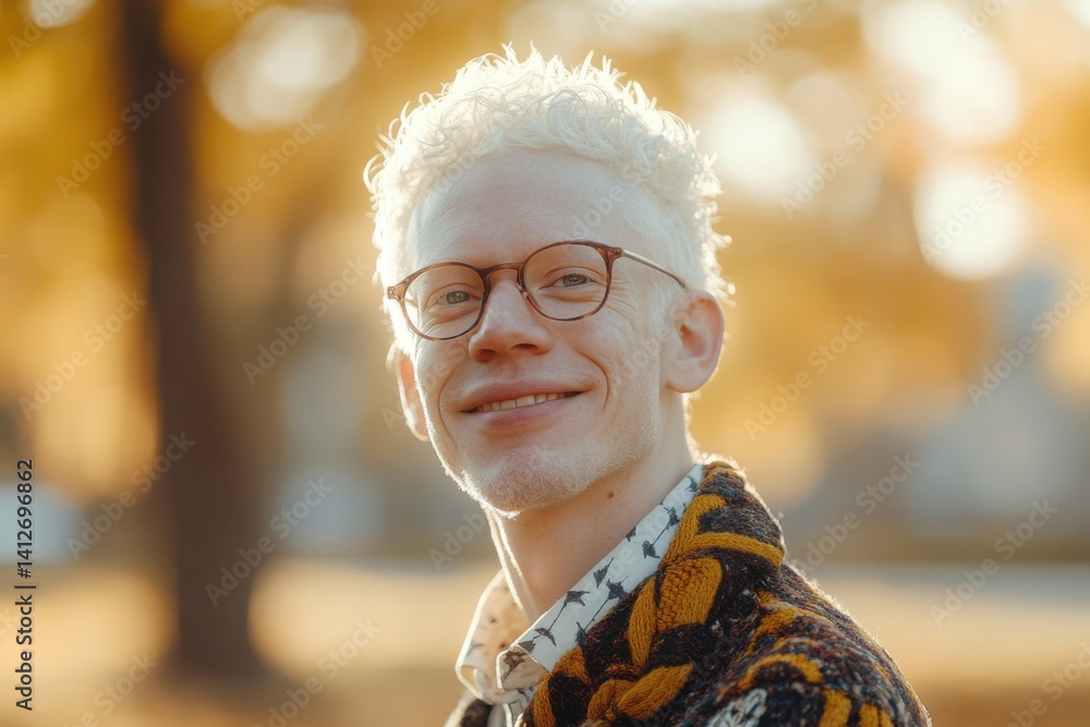 Happy Man with Albinism Enjoying Outdoor Fall Sunshine