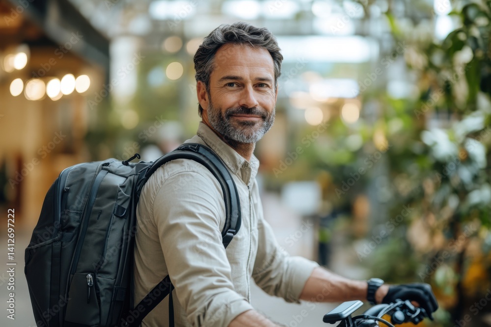 Smiling Mature Man with Backpack Riding Bicycle in Urban Green Environment