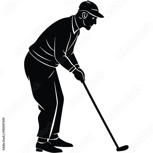 Golf element vector  Silhouette of a senior golfer with curved back leaning on a putter