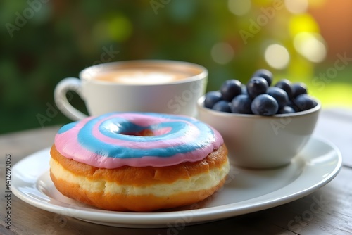 A frosted donut with blue and pink swirl glaze on a ceramic dish, accompanied by a bowl of blueberries and a cappuccino, set against a sunlit garden background.
