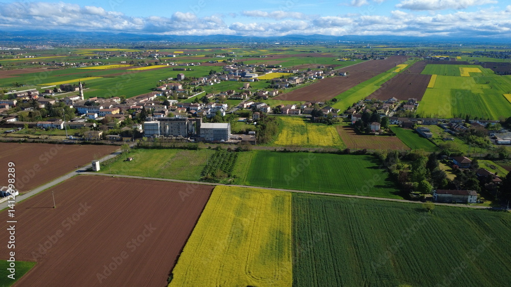 Terre e colori della Pianura Padana con colza gialla, campi seminati, verde, alberi, cielo, piccolo borgo, San Giuliano Vecchio, Alessandria, Piemonte, Italia Terre e colori della Pianura Padana con colza gialla, campi seminati, verde, alberi, cielo, piccolo borgo, San Giuliano Vecchio, Alessandria, Piemonte, Italia