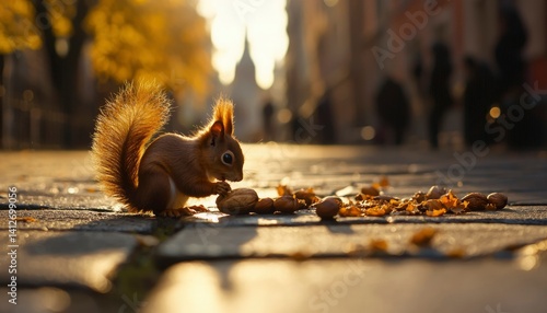 Squirrel eating nuts city street autumn